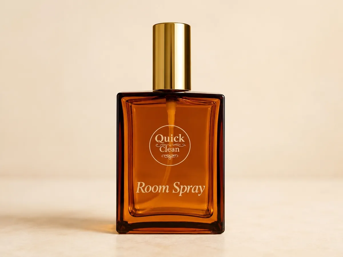Signature Room Spray by Quick Clean Solutions, amber glass bottle with a gold cap.